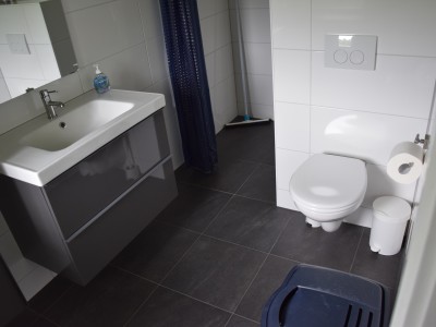 De badkamer met WC en douche
